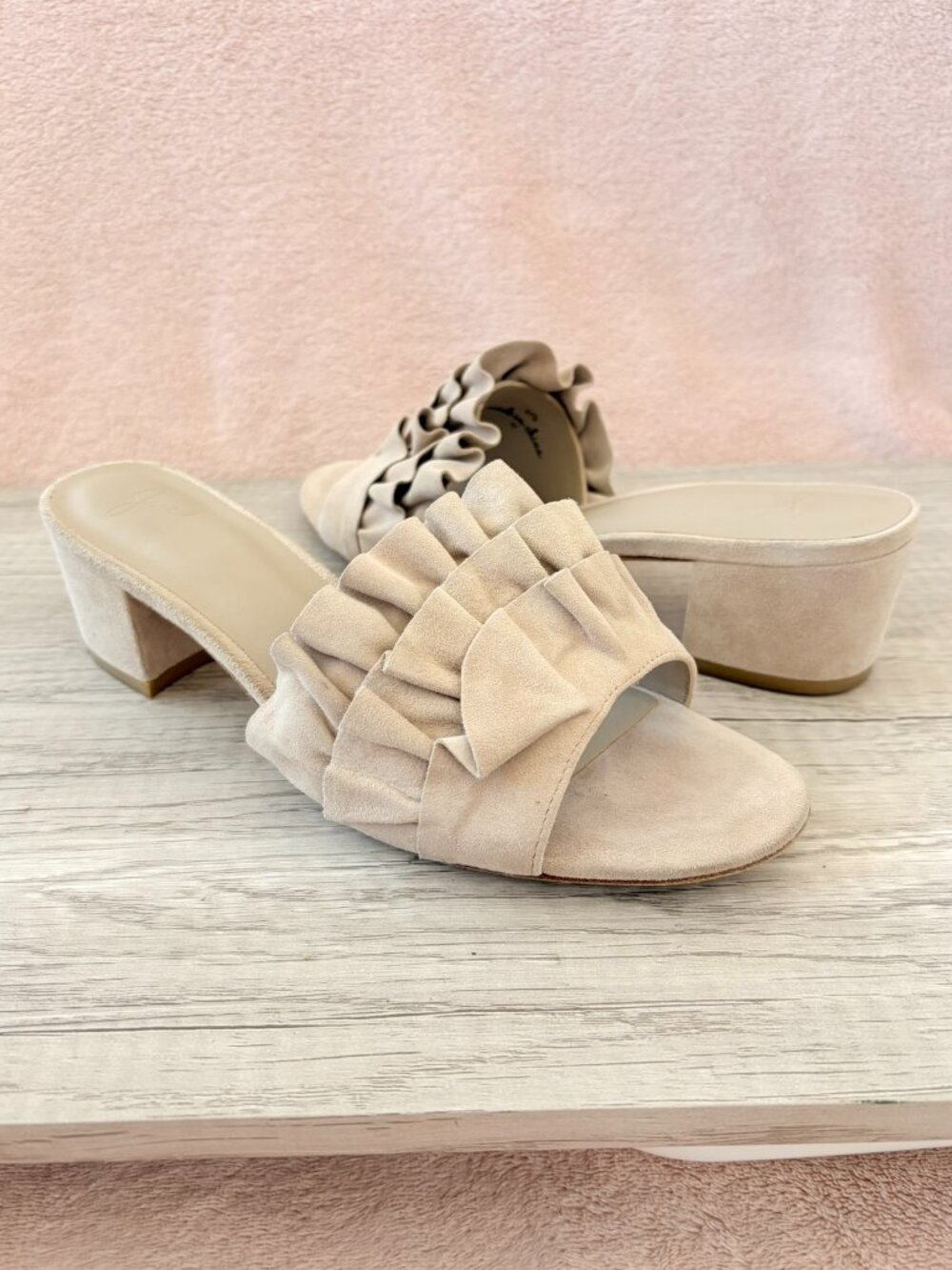 Joie Mai Tan Beige Suede Ruffle Open Toe 2" Block Heel Slide Sandal 37.5 7.5